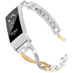 Wearlizer Compatible with Fitbit Charge 3 / Charge 4 Bands for Women Metal Replacement Charge 3 hr Band Strap with Bling Rhinestone Bracelet Bangle for Fitbit Charge 4 Special Edition - Gold+Silver