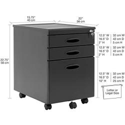 Calico Designs Metal Full Extension, Locking, 3-Drawer Mobile File Cabinet Assembled (Except Casters) for Legal or Letter Files with Supply Organizer Tray in Black