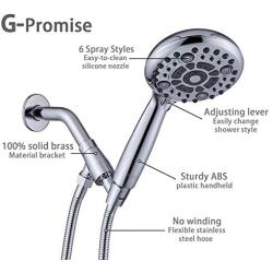 G-Promise Handheld Shower Head High Pressure 6 Spray Settings, Detachable Hand Held Showerhead 4.9'' Face with Extra Long Flexible Hose and Metal Adjustable Bracket (Chrome)