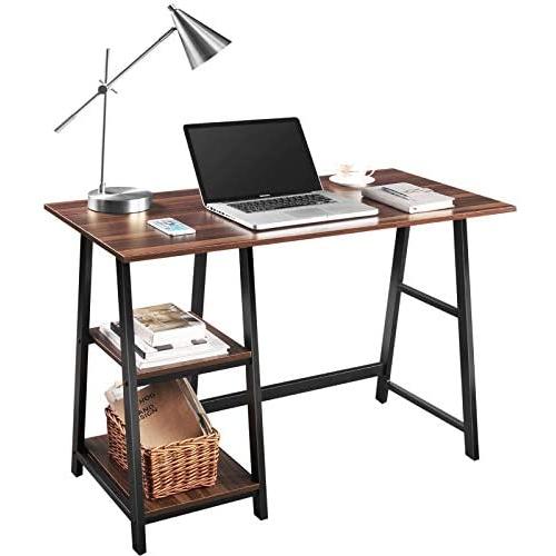 Computer Desk, QooWare 43'' Writing Desk with 2 Storage Shelves on Left or Right for Laptops, Modern Simple Study Wooden Desk with Metal Frame for Home Office, Supports Up to 150lbs