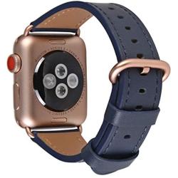 JSGJMY Compatible with Apple Watch Band 38mm 40mm 42mm 44mm Women Men Genuine Leather Replacement Strap for iWatch Series SE 6 5 4 3 2 1 (Navy with Series 5/4/3 Rose Gold Clasp, 38mm/40mm S/M)