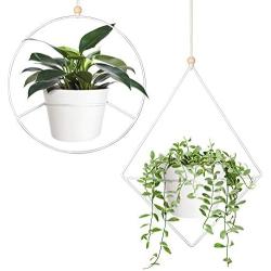 Mkono Boho Hanging Planter, Set of 2 Metal Plant Hanger with Plastic Pots, Modern Mid Century Flower Pot Plant Holder in Diamond and Circle Shape, Fits 6 Inch Planter (Plastic Pots Included), White