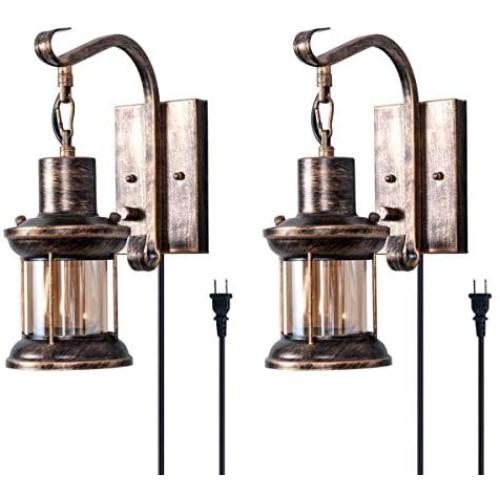 Rustic Wall Light, 2-in-1 Oil Rubbed Bronze Vintage Wall Light Fixtures Hardwired Plug in Industrial Glass Shade Lantern Lighting Retro Lamp Metal Wall Sconce for Home Bedroom Dining Room café(2 pack)