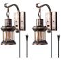 Rustic Wall Light, 2-in-1 Oil Rubbed Bronze Vintage Wall Light Fixtures Hardwired Plug in Industrial Glass Shade Lantern Lighting Retro Lamp Metal Wall Sconce for Home Bedroom Dining Room café(2 pack)