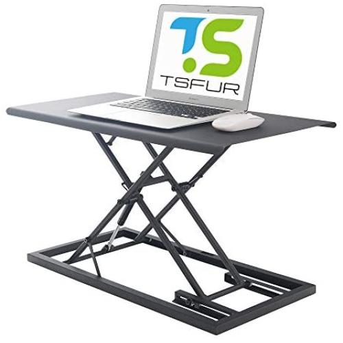 TSFUR Desktop Standing Desk Converter - 0.9” Ultra Thin Metal Computer Laptop Desk Stand - Portable Office Small Ergonomic Height Adjustable Sit Stand Up Desk - Office Supplies Accessories (Black)