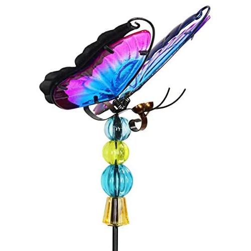 Exhart WindyWing PurpButterfly Metal Garden Stake with Fluttering Glass Wings & Acrylic Beads - Butterfly Metal Stake in Glass & Metal- Cute Butterfly Decorations for the Garden, Yard & Patio, 6 x 30”