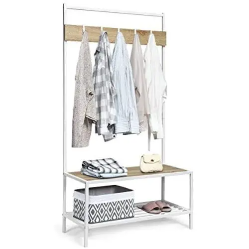 Tangkula 3 in 1 Industrial Hall Tree, Coat Rack Shoes Bench, Entryway Storage Organizer with 2-Tier Storage Bench and 5 Hooks, Wood Look Accent Furniture with Metal Frame (Natural) Tangkula 3 in 1 Industrial Hall Tree, Coat Rack Shoes Bench, Entryway Storage Organizer with 2-Tier Storage Bench and 5 Hooks, Wood Look Accent Furniture with Metal Frame (Natural)