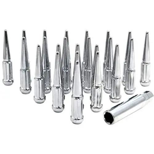 Wheel Accessories Parts Set of 20 Chrome Spiked Solid Metal Lug Nuts M14x2.0 Thread 4.4'' Tall Closed End Bulge Acorn Spike Lug Nut 1 Long Socket Key