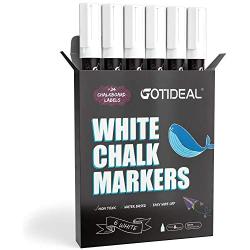 GOTIDEAL Liquid Chalk Markers, 6 Pack White Chalk Pens for Car Windows, Chalkboard Signs, Blackboard, Glass Painting, Wet Erase - 6mm Reversible Medium Tip-24 Free Chalkboard Labels New