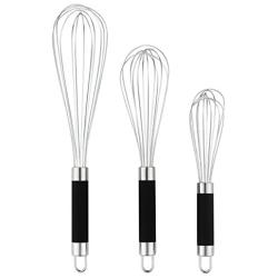 DRAGONN Set of 3 Stainless Steel Silicone handles. Milk & Egg Beater Balloon Metal Blending, Beating and Stirring. Whisk