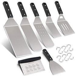 Leonyo Griddle Accessories Set of 7, Stainless Steel Griddle Metal Spatula Scraper Turner for Flat Top Grill Pan BBQ, Anti-Corrosion ABS Handle, Dishwasher Safe, Various Sizes, 6 x Hanging Hooks