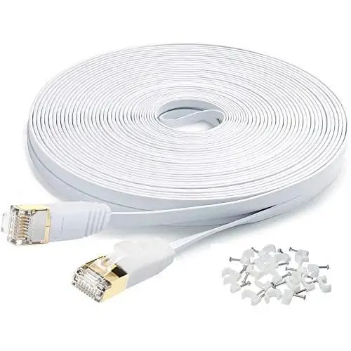 Cat7 Flat Ethernet Cable, 50 Ft 10 Gigabit High Speed Solid Computer Network Cord with Snagless Rj45 Connectors for Xbox,PS4,Modem,Router,Networking Switch Faster Than Cat5e Cat5 Cat6 Cable,White Cat7 Flat Ethernet Cable, 50 Ft 10 Gigabit High Speed Solid Computer Network Cord with Snagless Rj45 Connectors for Xbox,PS4,Modem,Router,Networking Switch Faster Than Cat5e Cat5 Cat6 Cable,White