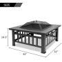 FCH 32'' Metal Fire Pit Outdoor Backyard Patio Garden Square Stove Brazier with Charcoal Rack, Poker & Mesh Cover 32'' L x 32'' W x 17'' H
