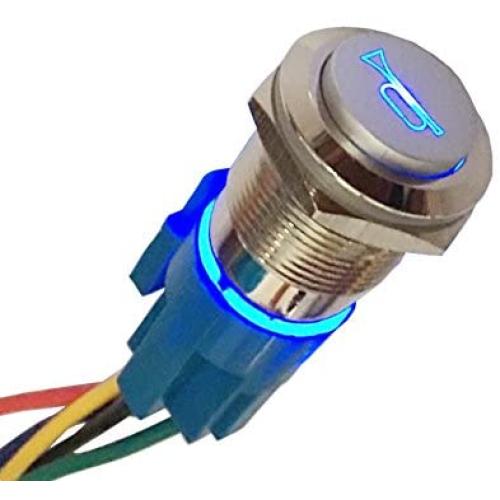 Etopars 12V 5A Car Motor Blue LED Light Momentary Speaker Horn Bells Push Button Stainless Steel Metal Switch Toggle 19mm Socket Plug Wire
