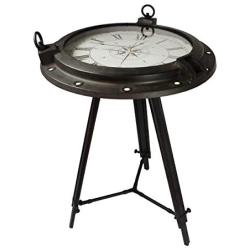 Urban Designs Industrial Porthole Metal Round Clock Coffee & End Table, Brown