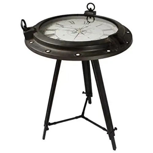 Urban Designs Industrial Porthole Metal Round Clock Coffee & End Table, Brown Urban Designs Industrial Porthole Metal Round Clock Coffee & End Table, Brown