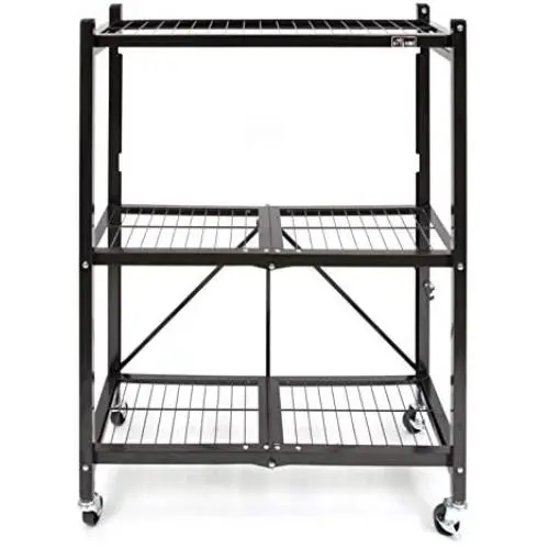 Origami 3-Shelf General Purpose Collapsible/Foldable Shelving Unit, Small Rack with Wheels | Organizer, Rolling Cart, Home Kitchen Laundry Closet Storage, Metal Wire, Pre-Assembled | Black