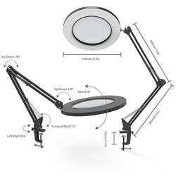 YOUKOYI LED Magnifying Lamp Metal Swing Arm Magnifier Lamp - Stepless Dimming, 3 Color Modes, 5X Magnification, 4.1'' Diameter Glass Lens, Adjustable Industrial Clamp for Reading/Office/Work (Black)