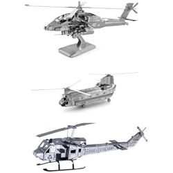 Set of 3 Metal Earth 3D Laser Cut Helicopter Models: AH-64 Apache - CH-47 Chinook - UH-1 Huey