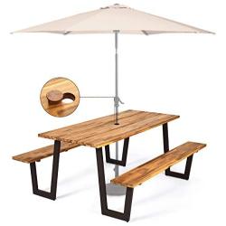 Giantex Picnic Table Bench Set with Umbrella Hole, Outdoor Dining Table Set, 70” Acacia Wood Picnic Beer Table with Metal Frame (Natural & Black)