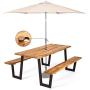 Giantex Picnic Table Bench Set with Umbrella Hole, Outdoor Dining Table Set, 70” Acacia Wood Picnic Beer Table with Metal Frame (Natural & Black)