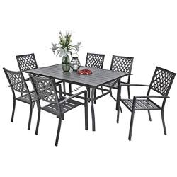 PHI VILLA Outdoor Patio Dining Set of 7 with Metal 60''x38'' Rectangular Dining Table and Bistro Chairs - Black