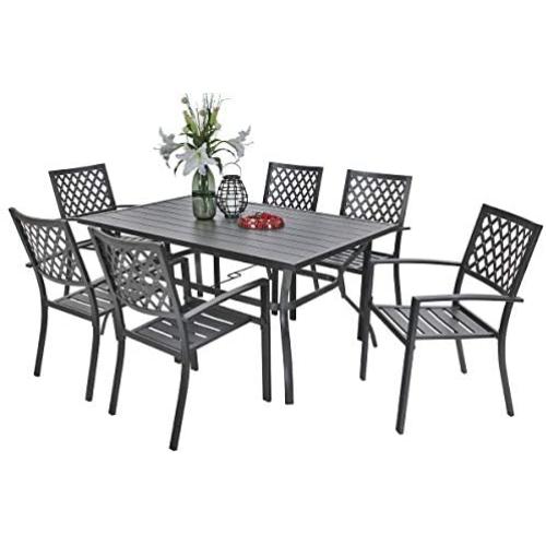 PHI VILLA Outdoor Patio Dining Set of 7 with Metal 60''x38'' Rectangular Dining Table and Bistro Chairs - Black