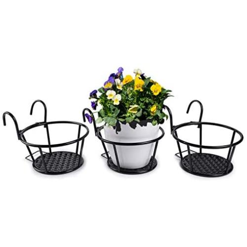 HOMENOTE Railing Planter, 3 Pack Hanging Flower Basket Outside Plant Stand Over Deck Rail Planters for Balcony - Easy Assembly Metal Black