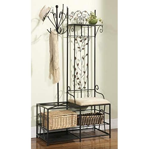 Kings Brand Black Finish Metal Hallway Storage Bench with Coat Rack & Umbrella Holder
