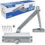 Door Closer FS-1306 Automatic Adjustable Closers Grade 3 Spring Hydraulic Auto Door-Closer with Easy Installation Life Size Fitting Template & Instructions Silver Aluminium