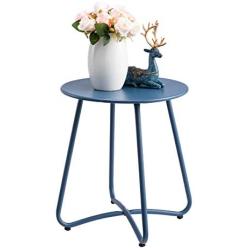 HollyHOME Small Round Patio Metal Side Snack Table, Accent Anti-Rust Steel Coffee Table for Garden, Modern Weatherproof Outdoor End Table, (H) 17.55'' x(D) 15.60'', Navy Blue