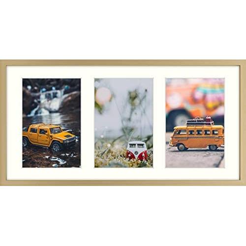 7x14 Metal Frame for Three 4x6 Picture - Gold Aluminum, with 3-Opening Ivory Mat Color - Portrait or Landscape Wall Mounting - Sturdy and Easy to Install - Real Glass Front (Gold, Aluminum)