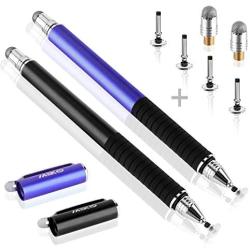 MEKO(TM) (2 Pcs)[2 in 1 Precision Series] Disc Stylus/Styli Bundle with 4 Replaceable Disc Tips, 2 Replaceable Fiber Tips for All Touch Screen Devices - (Black/Blue)