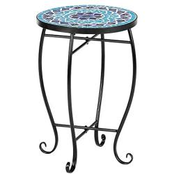 VINGLI Mosaic Accent Table, 14'' Round Side Table,End Table, Plant Stand Decor for Patio Porch Beach Theme Balcony Back Deck Pool Indoor Outdoor Coffee, Metal Cobalt Glass Top Black Iron(Blue Ocean)