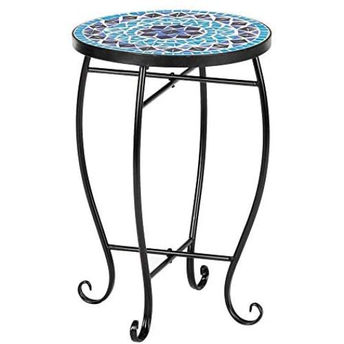 VINGLI Mosaic Accent Table, 14'' Round Side Table,End Table, Plant Stand Decor for Patio Porch Beach Theme Balcony Back Deck Pool Indoor Outdoor Coffee, Metal Cobalt Glass Top Black Iron(Blue Ocean)