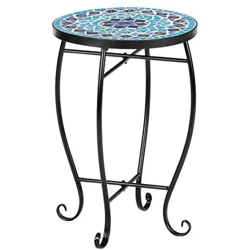 VINGLI Mosaic Accent Table, 14'' Round Side Table,End Table, Plant Stand Decor for Patio Porch Beach Theme Balcony Back Deck Pool Indoor Outdoor Coffee, Metal Cobalt Glass Top Black Iron(Blue Ocean) VINGLI Mosaic Accent Table, 14'' Round Side Table,End Table, Plant Stand Decor for Patio Porch Beach Theme Balcony Back Deck Pool Indoor Outdoor Coffee, Metal Cobalt Glass Top Black Iron(Blue Ocean)