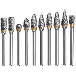 HQMaster 10pcs 1/8 Tungsten Carbide Rotary File Solid Carbide Rotary Burr Set Drill Grinding Cutter Tools Bits Set, for DIY Wood-working Carving, Metal Polishing, Engraving, Drilling