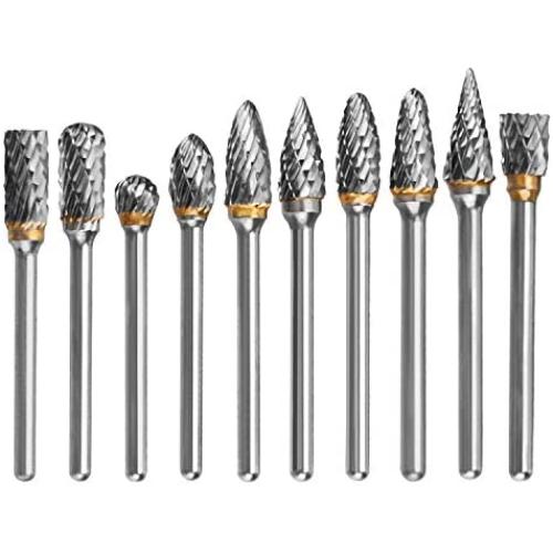 HQMaster 10pcs 1/8 Tungsten Carbide Rotary File Solid Carbide Rotary Burr Set Drill Grinding Cutter Tools Bits Set, for DIY Wood-working Carving, Metal Polishing, Engraving, Drilling