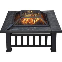 Yaheetech 32in Outdoor Metal Firepit Square Table Backyard Patio Garden Stove Wood Burning Fire Pit with Spark Screen, Log Poker and Cover