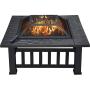 Yaheetech 32in Outdoor Metal Firepit Square Table Backyard Patio Garden Stove Wood Burning Fire Pit with Spark Screen, Log Poker and Cover