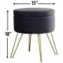 Ornavo Home Modern Round Velvet Storage Ottoman Foot Rest Stool/Seat with Gold Metal Legs & Tray Top Coffee Table - Grey