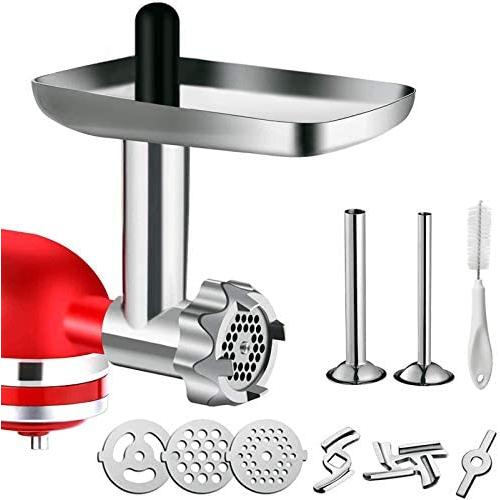 Metal Food Grinder Attachment for KitchenAid Stand Mixers, G-TING Meat Grinder Attachment Included 2 Sausage Stuffer Tubes, 3 Grinding Blades, 3 Grinding Plates