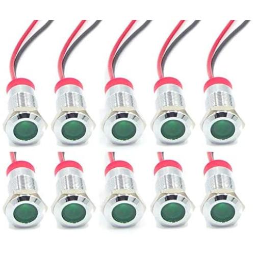 TRIPERSON 10pcs 12mm 1/2'' LED Metal Indicator Light 12V Green Waterproof Signal Lamp Pilot Dash Directional Car Truck Boat with Wire