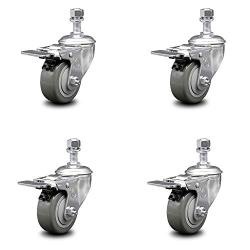 Polyurethane Swivel Threaded Stem Caster Set of 4 w/3'' x 1.25'' Gray Wheels and 1/2'' Stems - Includes 4 with Total Lock Brakes - 1000 lbs Total Capacity - Service Caster Brand