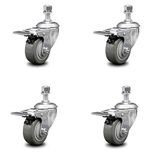 Polyurethane Swivel Threaded Stem Caster Set of 4 w/3'' x 1.25'' Gray Wheels and 1/2'' Stems - Includes 4 with Total Lock Brakes - 1000 lbs Total Capacity - Service Caster Brand Polyurethane Swivel Threaded Stem Caster Set of 4 w/3'' x 1.25'' Gray Wheels and 1/2'' Stems - Includes 4 with Total Lock Brakes - 1000 lbs Total Capacity - Service Caster Brand