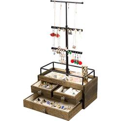 PURUIDO Jewelry Organizer Tower with Double-Layer Wooden Drawer Storage Box - 3 Tier Jewelry Stand for Necklaces, Bracelet, Earrings & Ring Jewelry Tower Jewelry Stand Organizer Metal & Wood