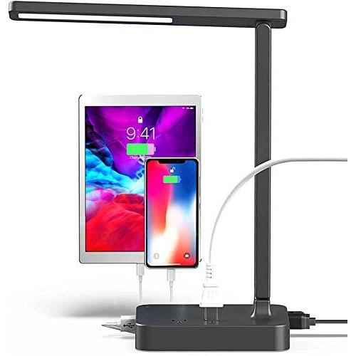 COZOO LED Desk Lamp with 3 USB Charging Ports and 2 AC Outlets,3 Color Temperatures & 3 Brightness Levels, Touch/Memory/Timer Function,10W Eye Protection Foldable Reading Light,Black