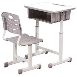 ShowMaven Student Desk and Chair Combo, Height Adjustable Childrens Desk and Chair Workstation with Drawer, Pencil Grooves and Hanging Hooks for Home, School and Training (Light Grey&White)