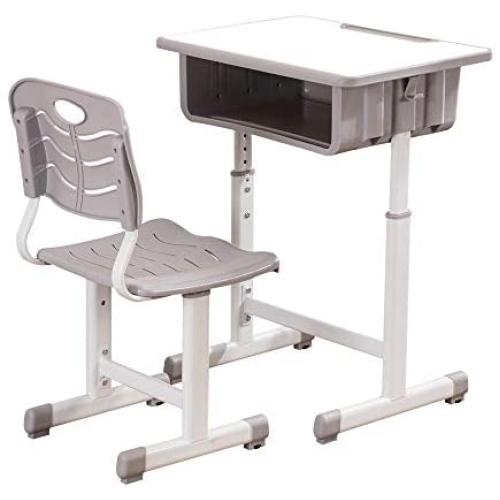 ShowMaven Student Desk and Chair Combo, Height Adjustable Childrens Desk and Chair Workstation with Drawer, Pencil Grooves and Hanging Hooks for Home, School and Training (Light Grey&White)