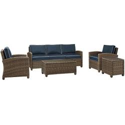 Crosley Furniture KO70051WB-NV Bradenton Outdoor Wicker 5-Piece Set (Sofa, 2 Arm Chairs, Side & Coffee Table), Brown with Navy Cushions